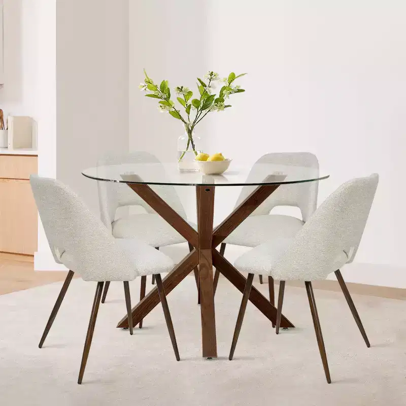 5-Piece Round Glass Dining Table Set with Upholstered Fabric Chairs, Modern Kitchen & Dining Room Furniture with Walnut Legs-Panipeachy