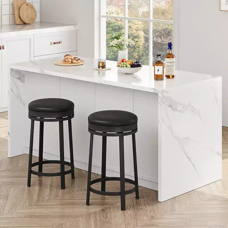Bar Stools Set, 24-Inch Height PU Leather Upholstered and Black Metal Frame, Backless Round Bar Stools for Kitchen Island Dining Room Home Bar