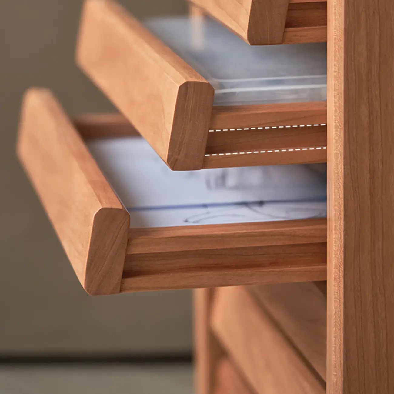 Modern Cherry Wood Rolling Side Table with Drawers