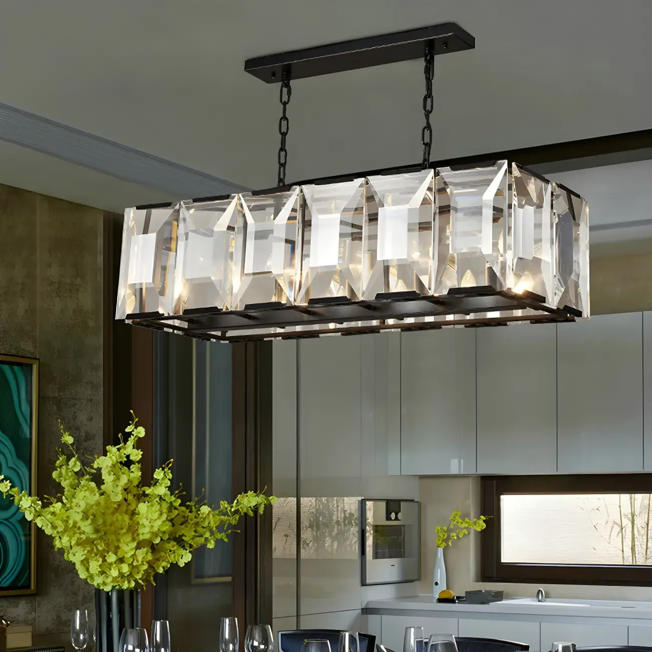 Modern Crystal Island Chandelier in Black and Gold