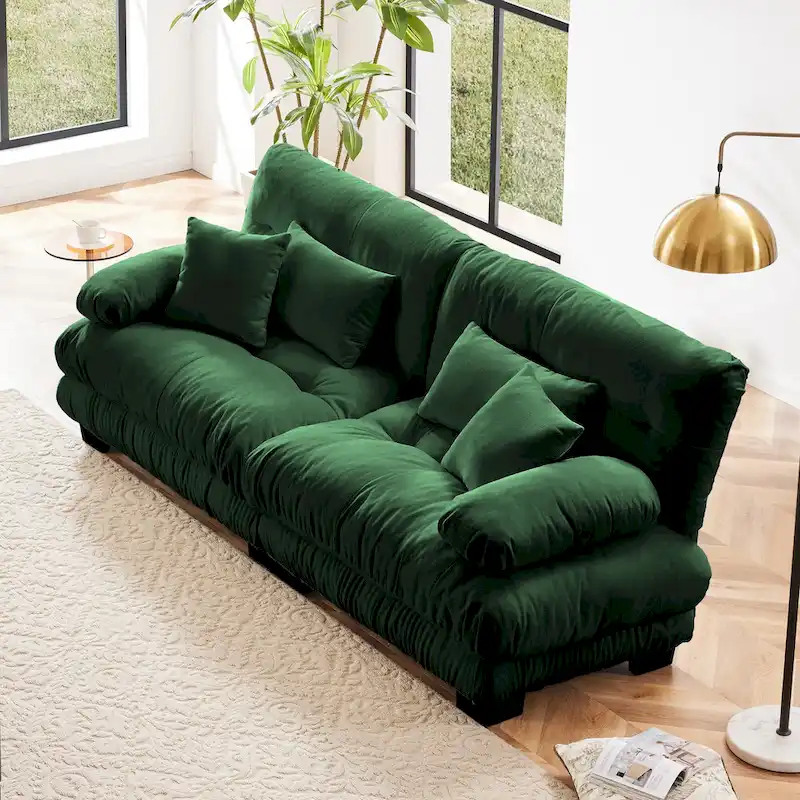 Cloud Couch 2 Seater Sofa for Living Room, Chenille 2 - Seat sofa with 2 Lumbar pillows and 2 throw pillows,Chenille Green