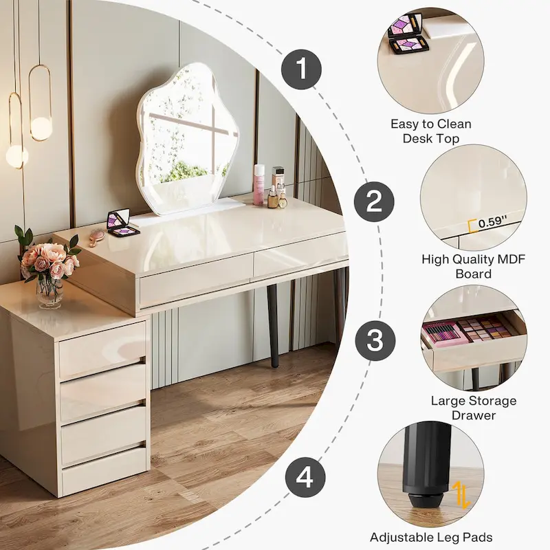 Reversible Computer Desk with 5 Drawers & Printer Stand – High Gloss White