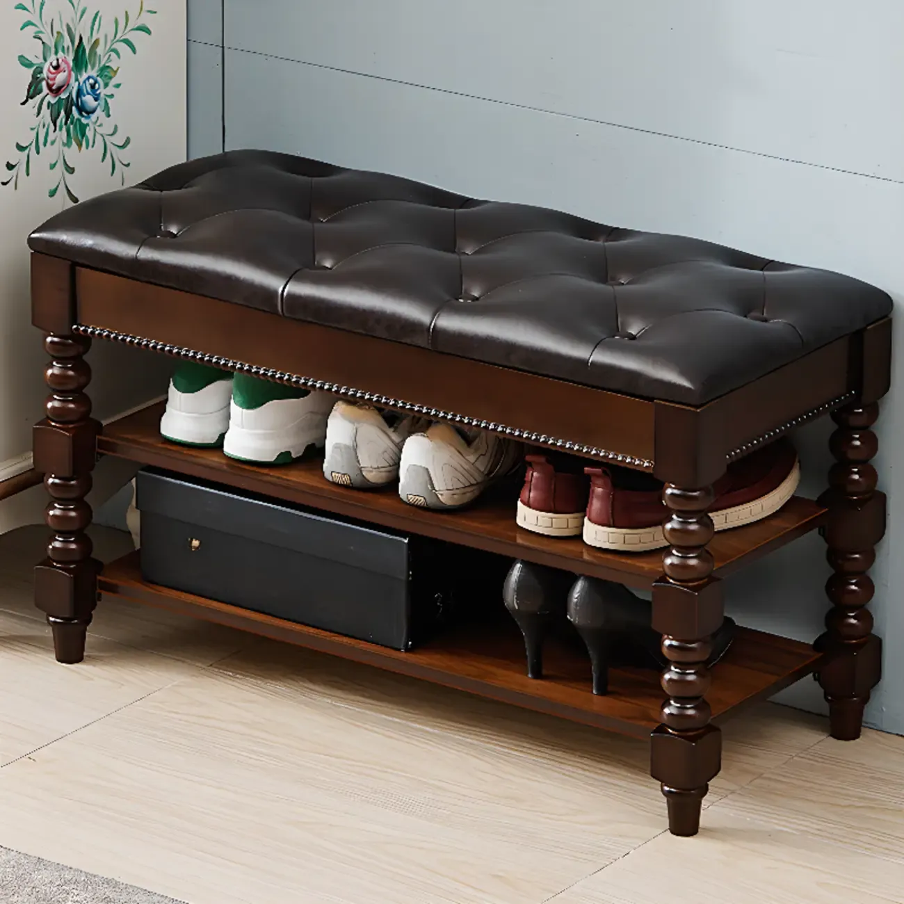 Antique Genuine Leather Flip-up Wood Bench with 2 Shelves