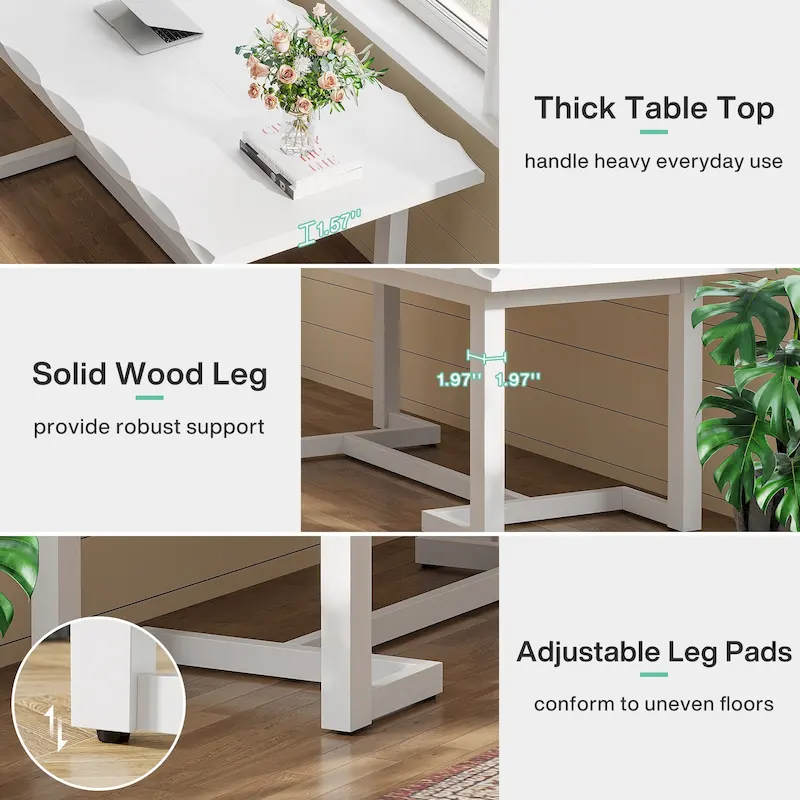 63 Inches Computer Desk, Rectangular Writing Table with Solid Wood Legs and Thickened Desktop