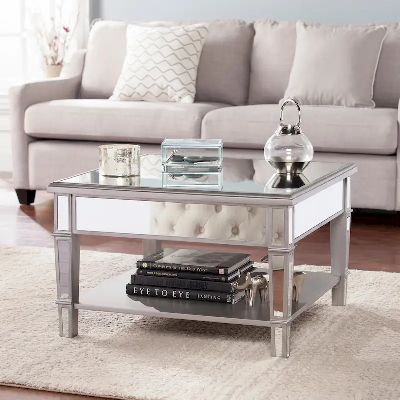 Square Mirror Coffee Table with Shelf