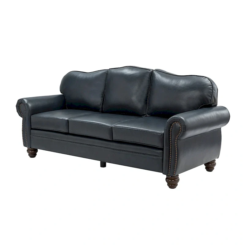Balvino 81 Wide Transitional Genuine Leather Rolled Arm Sofa with Nailhead Trim and Removable Cushions