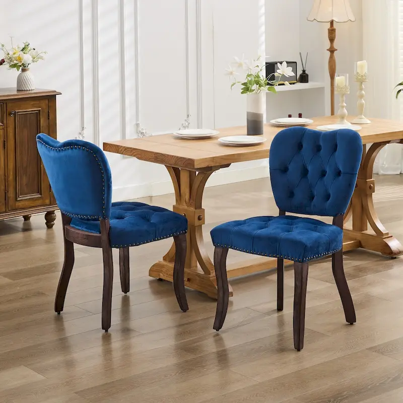 Velvet Tufted Dining Chairs Set of 2 with Wooden Legs