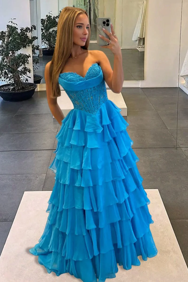 Azure - Strapless A Line Chiffon Ruffled Prom Dresses With Appliques