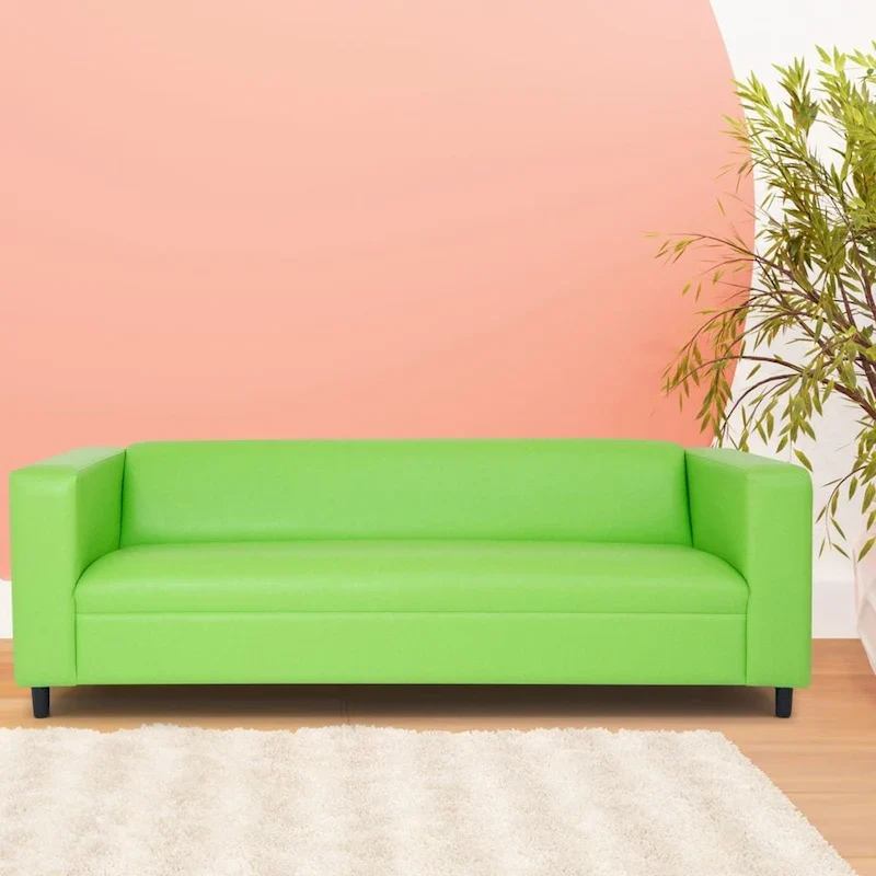 Mid-Century Modern 3-Seater Sofa, Faux Leather with Solid Wood Frame