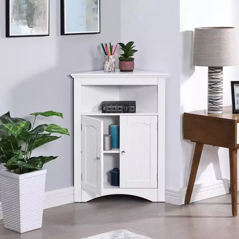 VIYET 32 Multifunctional Corner Cabinet - White MDF, Freestanding, Doors & Adjustable Shelves(Bathroom/Kitchen/Living Room Organizer)
