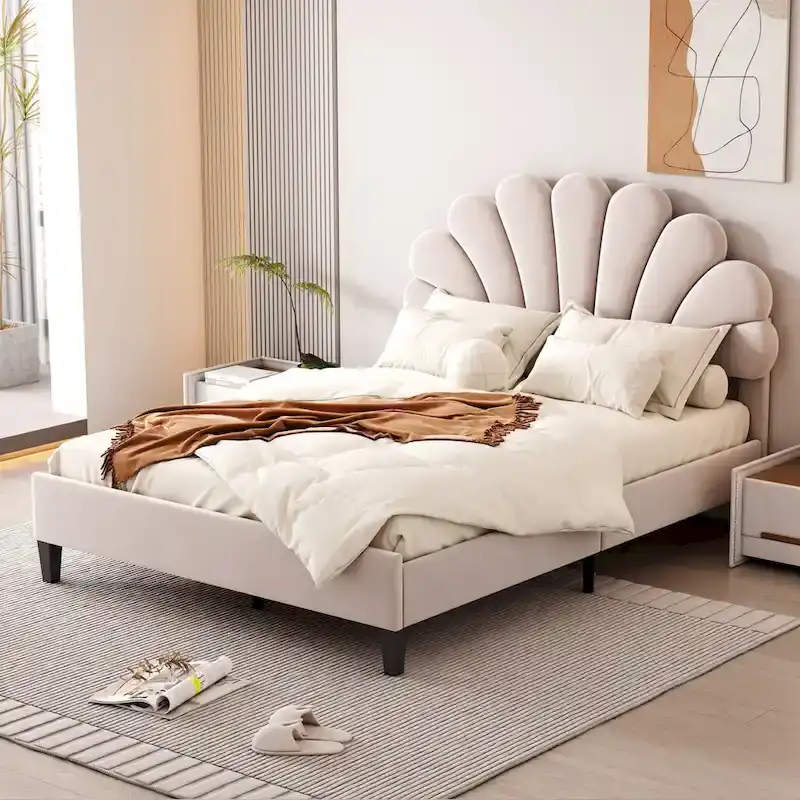 Full Size Upholstered Platform Bed with Flower Headboard