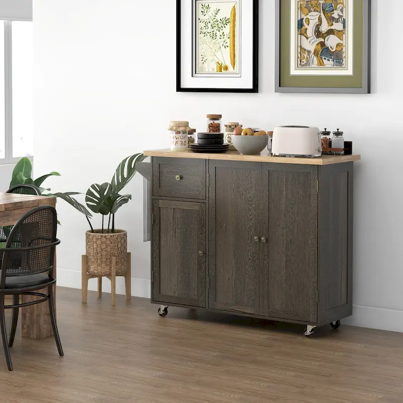 Triple-Cabinet Rolling Kitchen Island with Storage Shelf Adjustment
