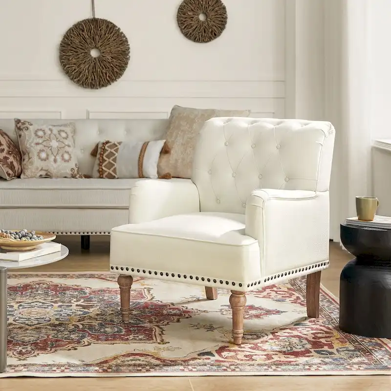Ivory / Navy / Blue / Charcoal / Oatmeal / Beige / Pewter / Rust / Grey / Black Classic Button-Tufted Accent Armchair with Nailhead Trim - Single Use