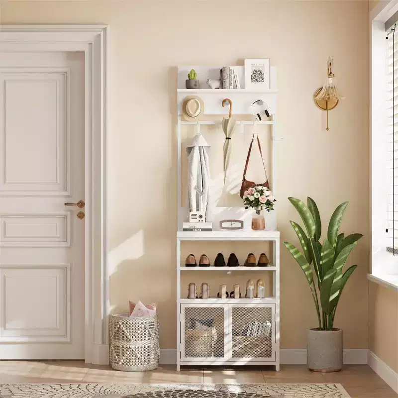 Entryway Coat Rack, 4-In-1 Hall Tree with Shoe Storage 4 Hooks, Metal Shoe and Coat Rack with Console Table, Entryway Organizer for Living Room