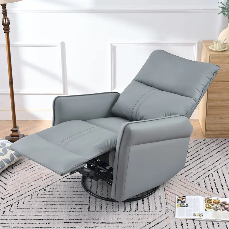 Blue-Gray PU Leather Swivel Glider Rocker Recliner with Pockets, Backrest