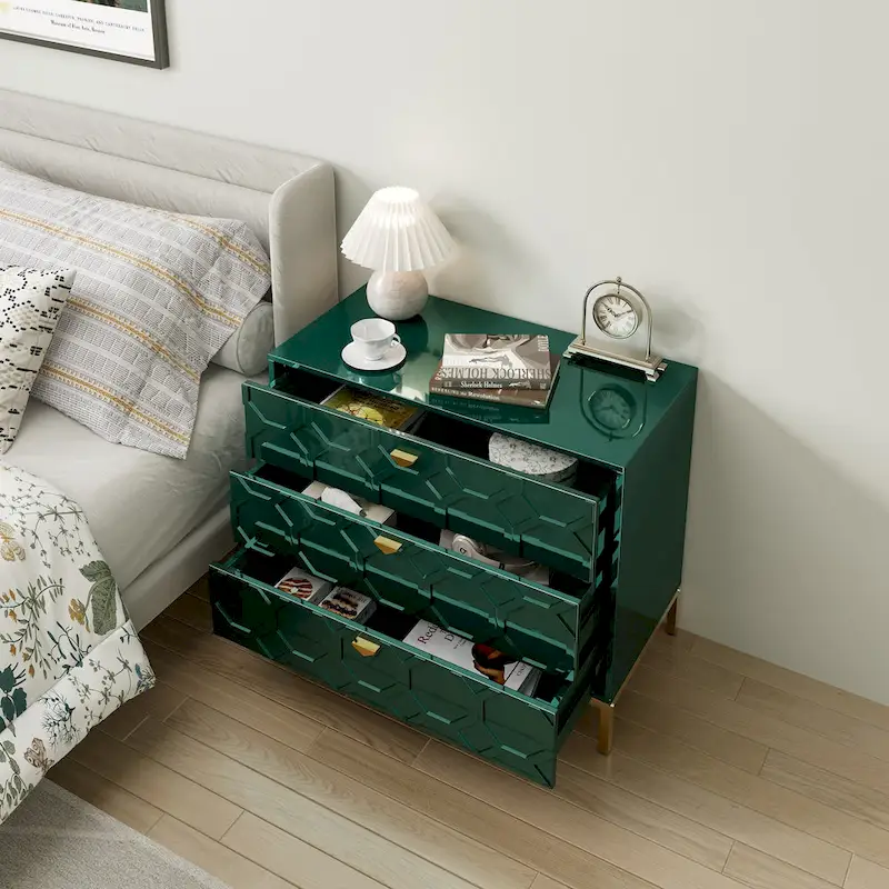 Modern Glossy 3-Drawer Storage Chest with Gold Accents