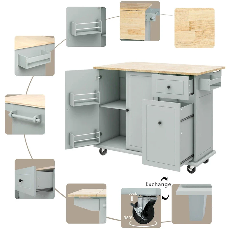 53.9 Width Rolling Kitchen Island with Drop Leaf and 3 Tier Pull Out Cabinet