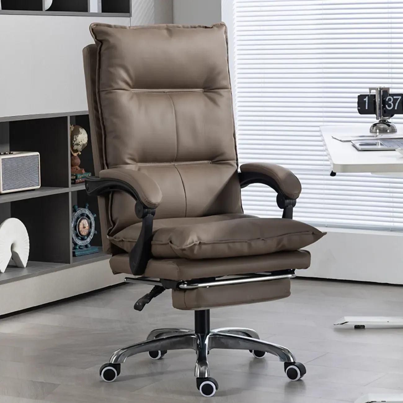 Modern Brown Leather Reclining Executive Office Chair