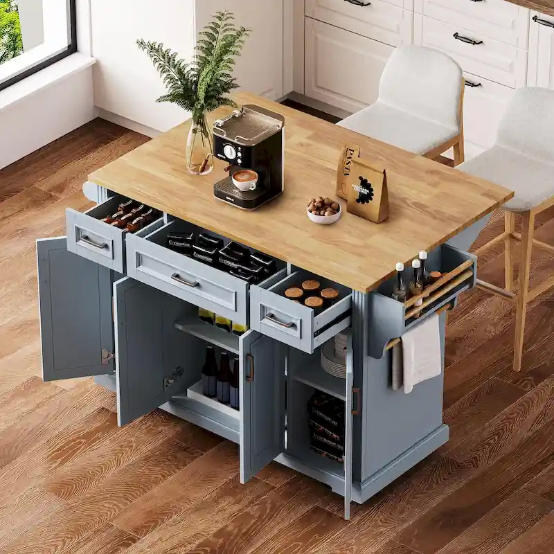 54 Large Kitchen Island with Rubber Wood Drop Leaf, Embossed Texture Rolling Kitchen Cart on 4 Wheels with 4 Doors & 3 Drawers