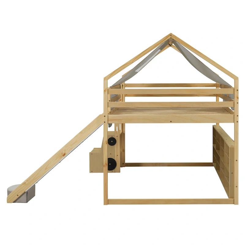 House-shaped Wooden Loft Bed with Tent, Slide, Ladder and Shelves