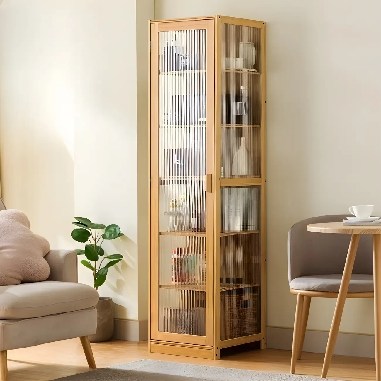 Narrow Adjustable Scandinavian Bamboo Glass Curio Cabinet