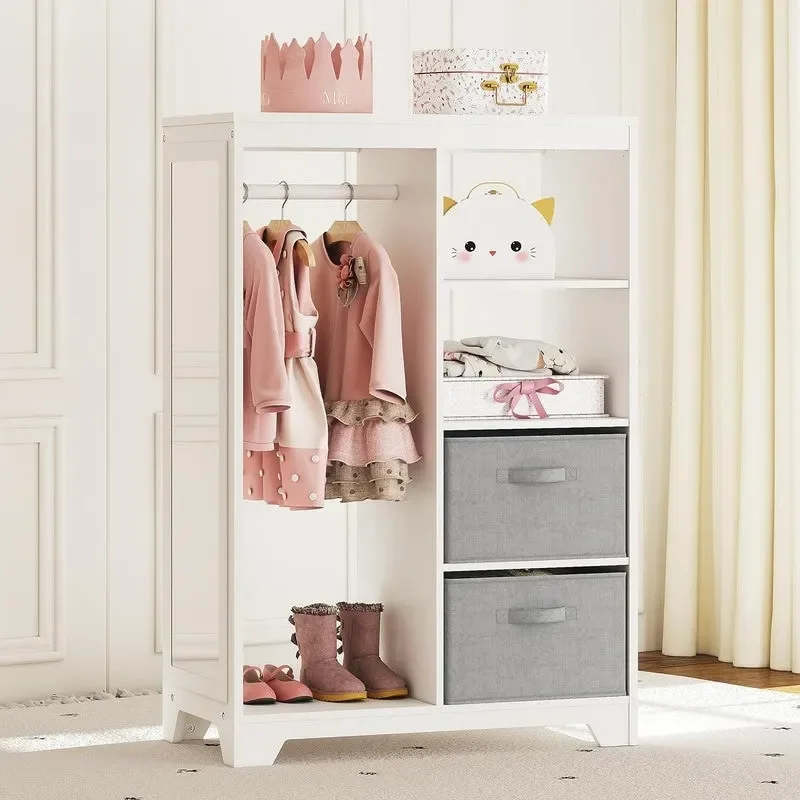 White Kids Dress-Up Wardrobe with Mirror, Single, Ages 3–7