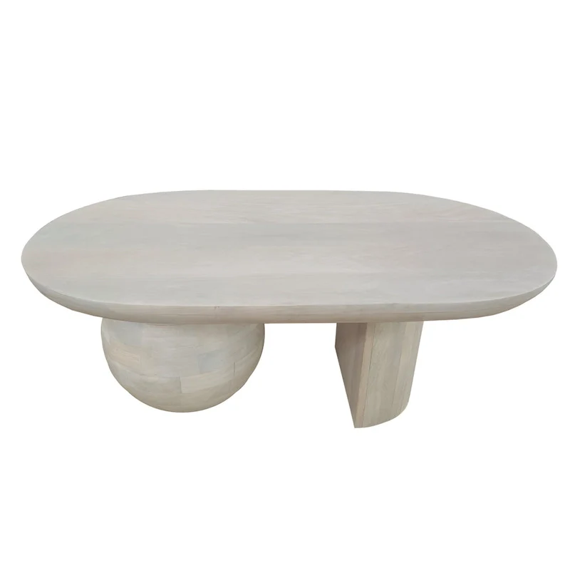 38 Inch Coffee Table, Oblong Mango Wood Top with a Modern Ball Leg