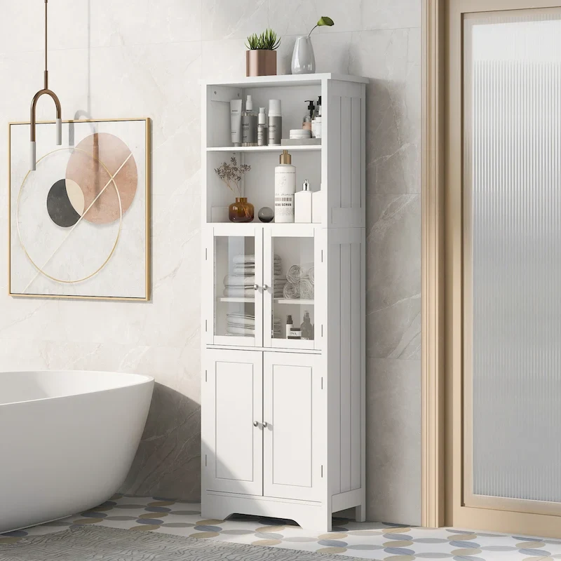 White Tall Bathroom Storage Cabinet with Shelves and Doors for Kitchen and Living Room - 23W x64H