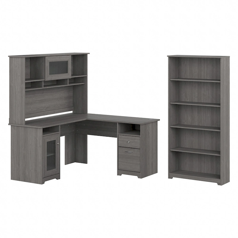 Cabot 60W L-Desk with Hutch and 5 Shelf Bookcase by Bush Furniture