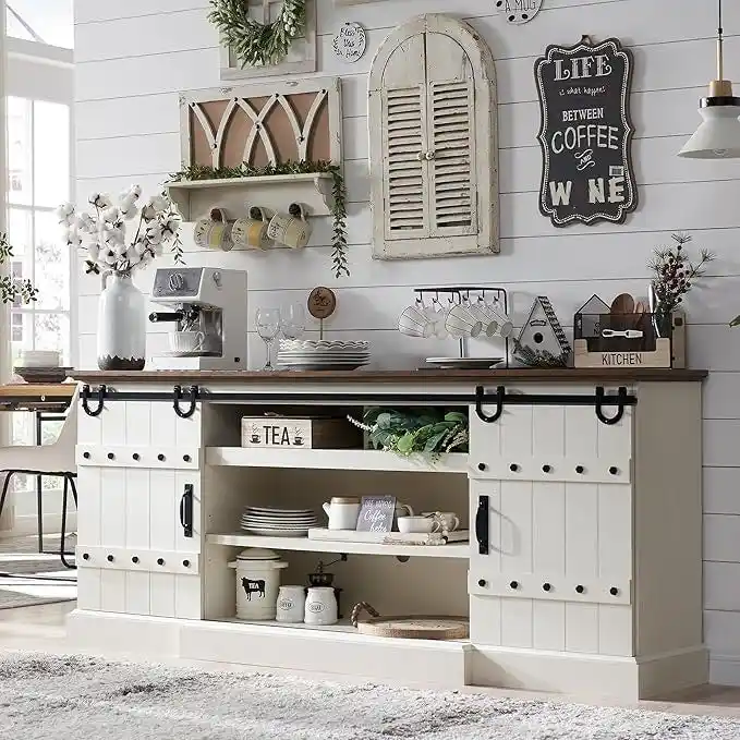 Modern Grey Sideboard Buffet Cabinet with 3 Drawers & Adjustable Shelves