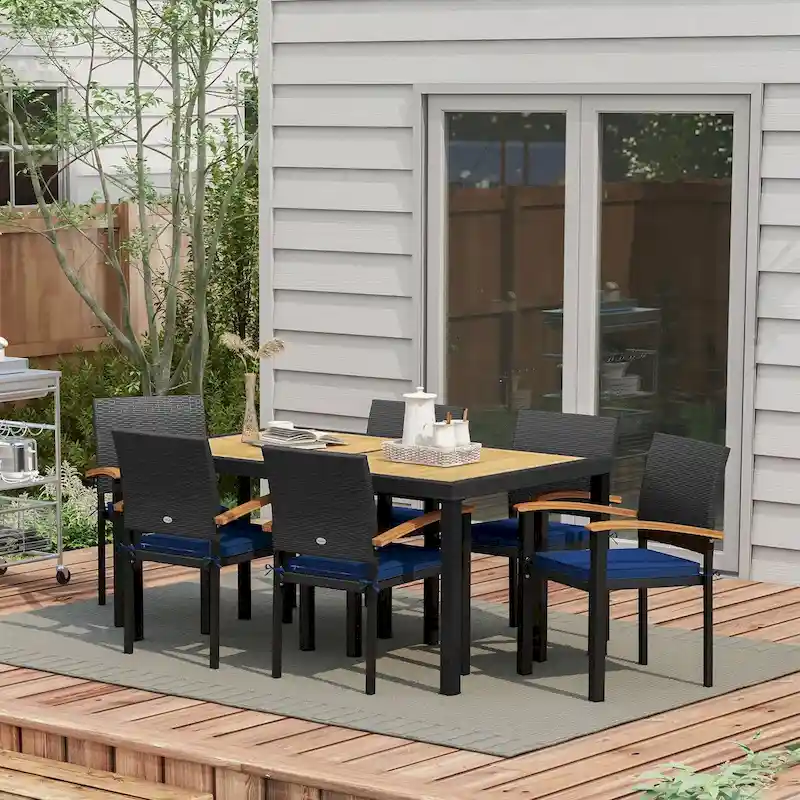 Outsunny 7 Pieces Patio Dining Set with Space-Saving Design, Wicker Patio Furniture Set Outdoor Dining Set with Acacia Wood