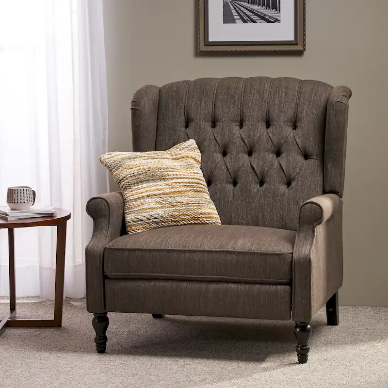 Oversized Tufted Wingback Fabric Pushback Recliner with Nailhead Trim & Birch Wood Legs – Brown / Navy Blue / Charcoal, Single