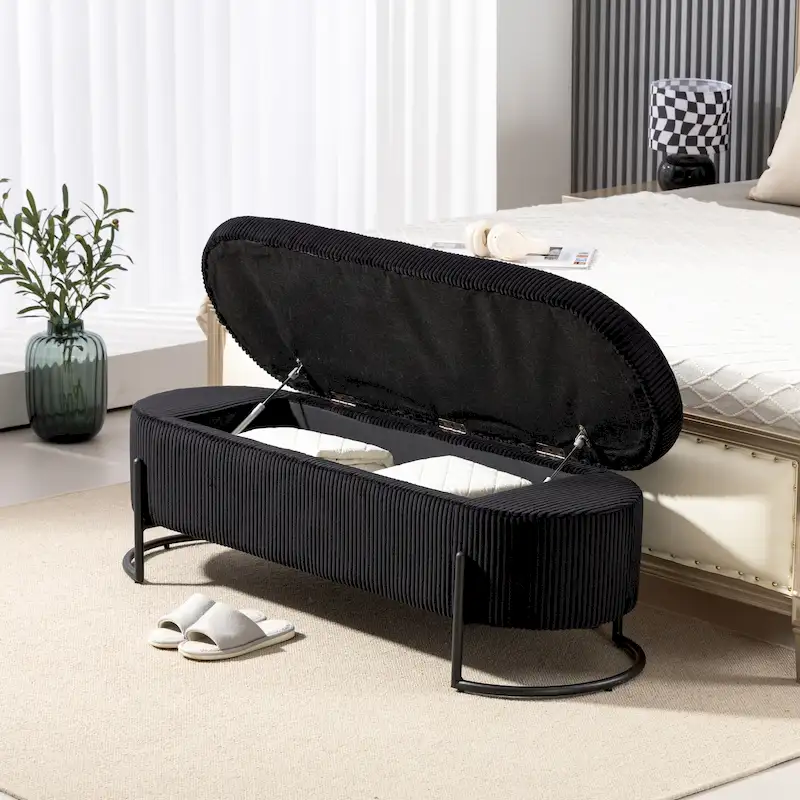 Corduroy Upholstered Storage Ottoman Bench with Safety Hinge and Metal Legs