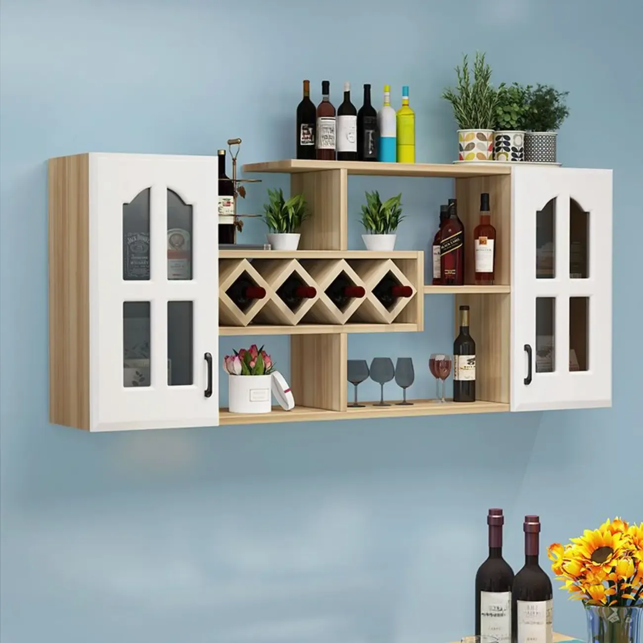 Wooden Wall-Fixed Bottle Holder Rack with Glass Holder Shelf
