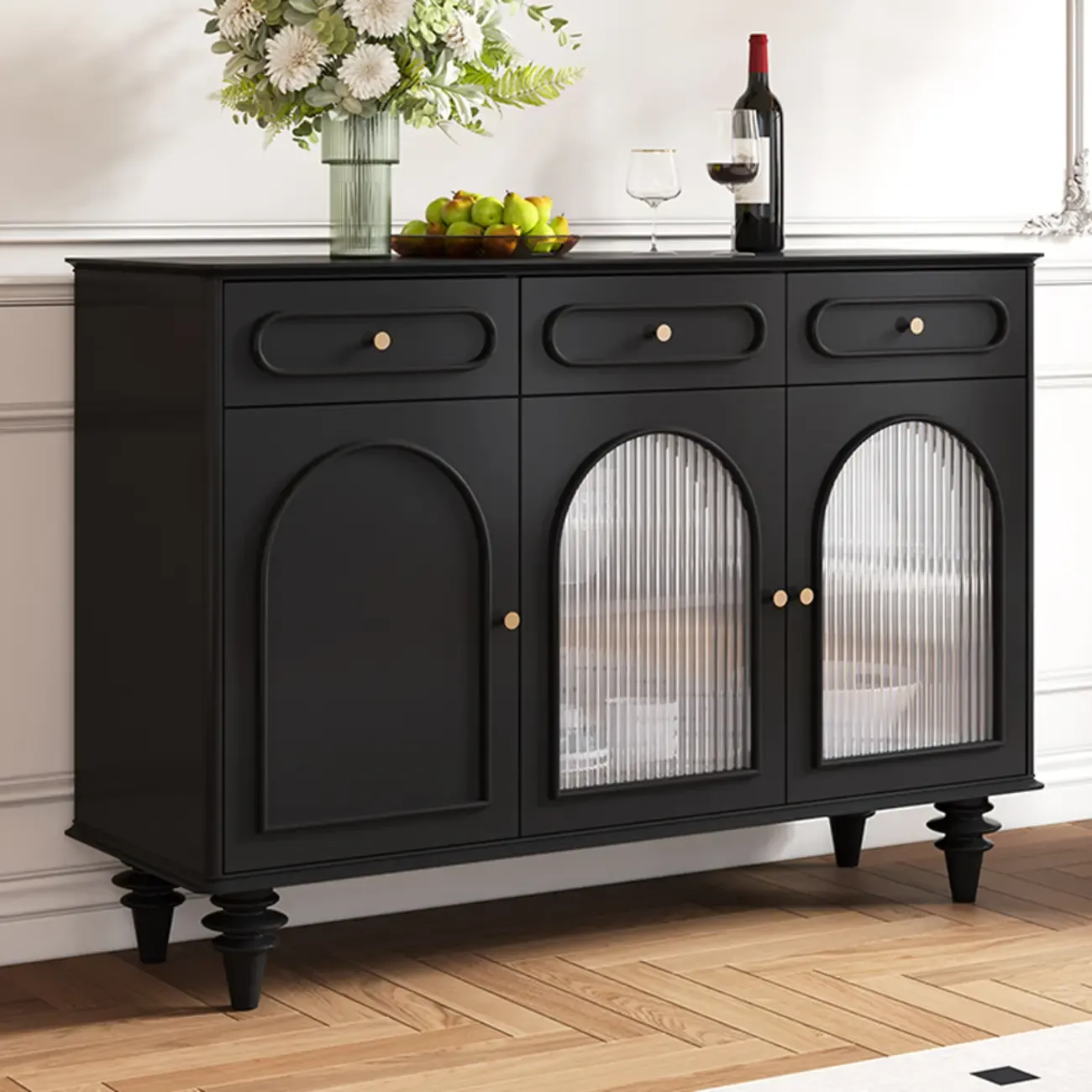 Vintage Midnight Black Wood Storage Sideboard