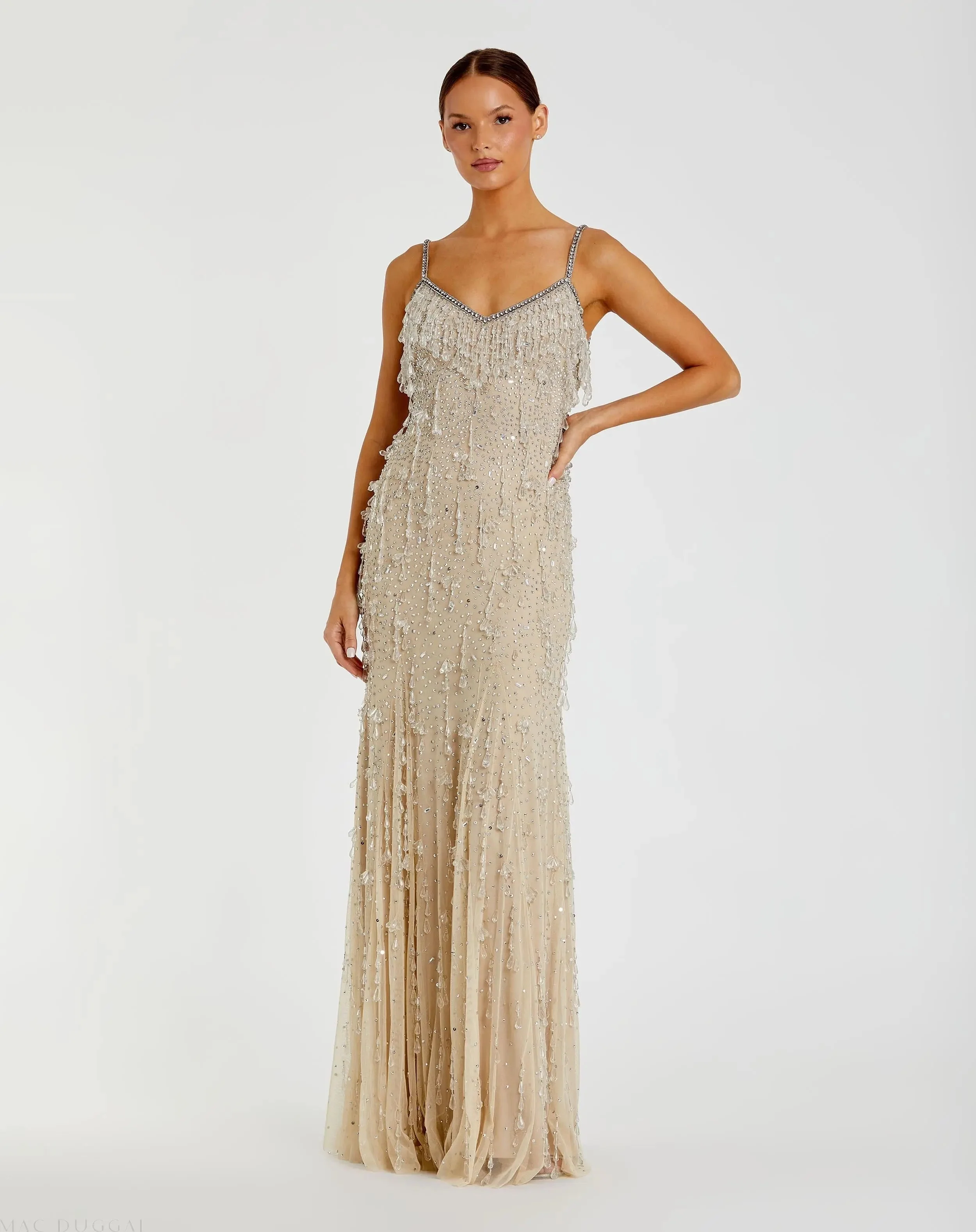 Beige V-Neck Column Gown with Fringe Embellishments