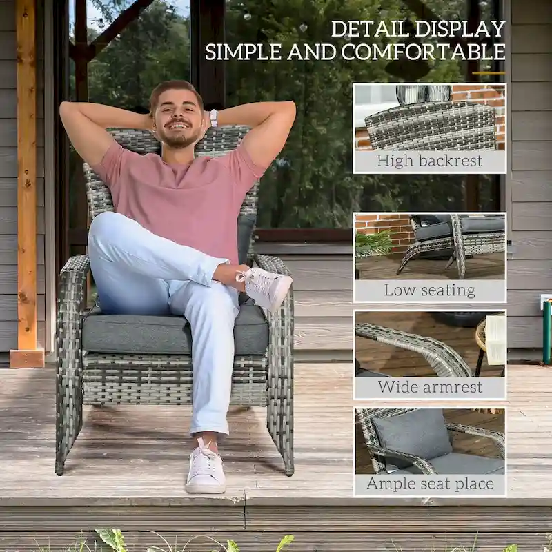 Patio Wicker Adirondack Chair, All-Weather Rattan Fire Pit Chair Soft Cushions, Tall Curved Backrest and Armrests