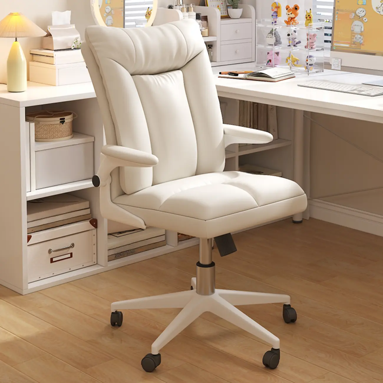 Modern White Fabric Upholstered Adjustable Swivel Office Chair