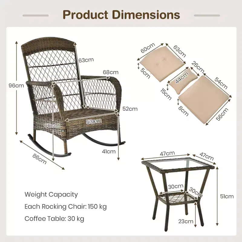3-Piece Outdoor Wicker Rocking Chair Bistro Set w/ Tempered Glass Table, Rattan Patio Conversation Furniture w/ Cushions & Pillows for Balcony