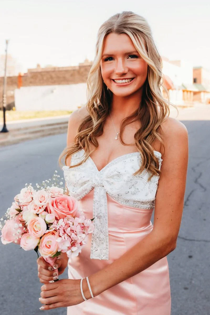 Pink Mermaid Satin Strapless Long Prom Dresses with Beaded Bow