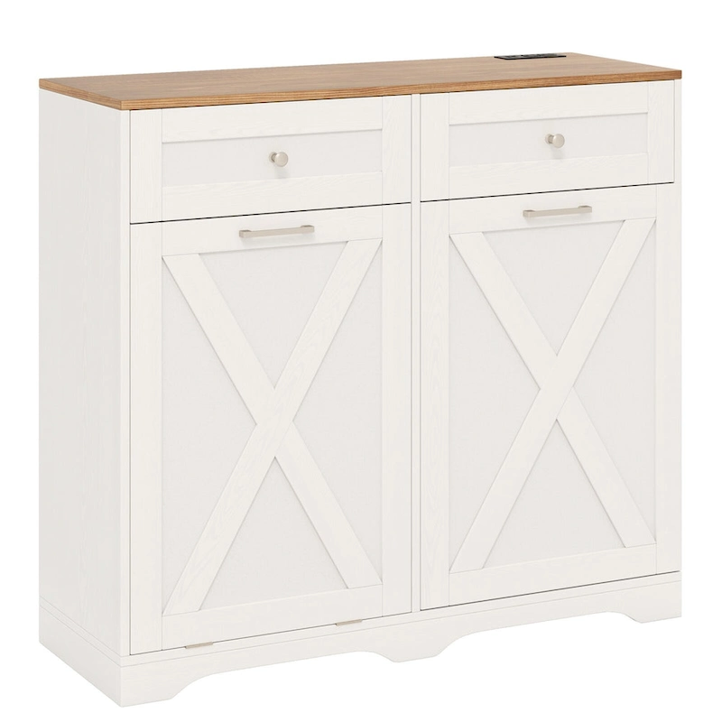 Gymax Tilt Out Trash Can Cabinet w/ Outlets 2 Drawers Adjustable Shelf