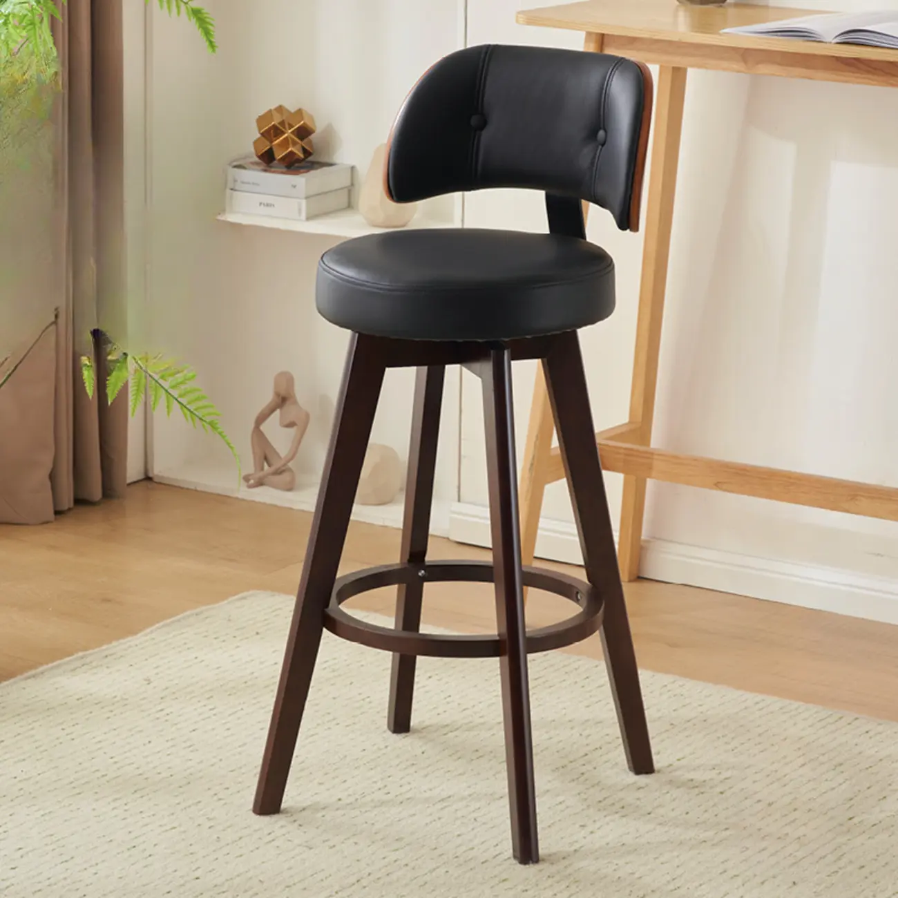 Natural Wood Round Leather Swivel Bar Stools