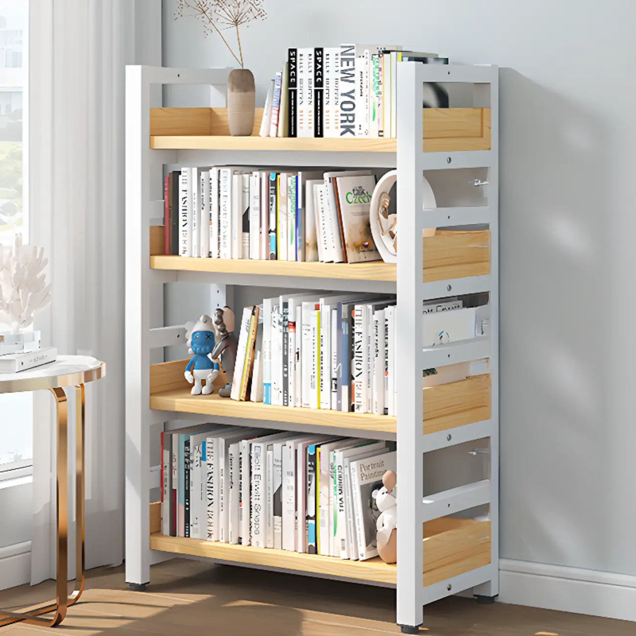 Freestanding Simple Multi-Layer Wood Bookshelf in Steel Frame