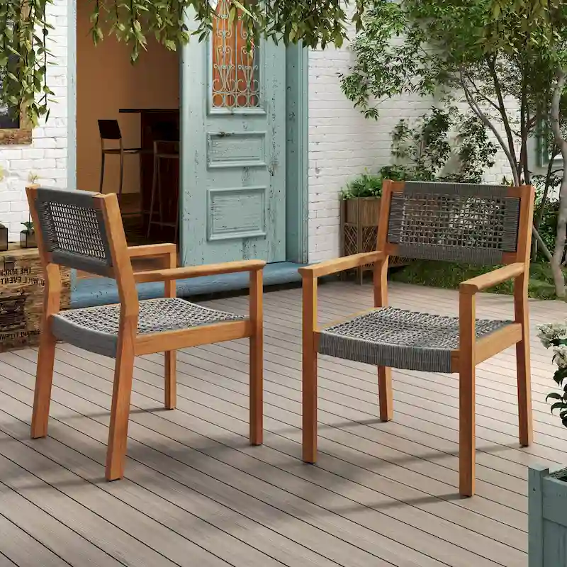 2pc Braided Dining Chair Set Dark Grey Teak Acacia Wood and Rope Outdoor Patio 35in