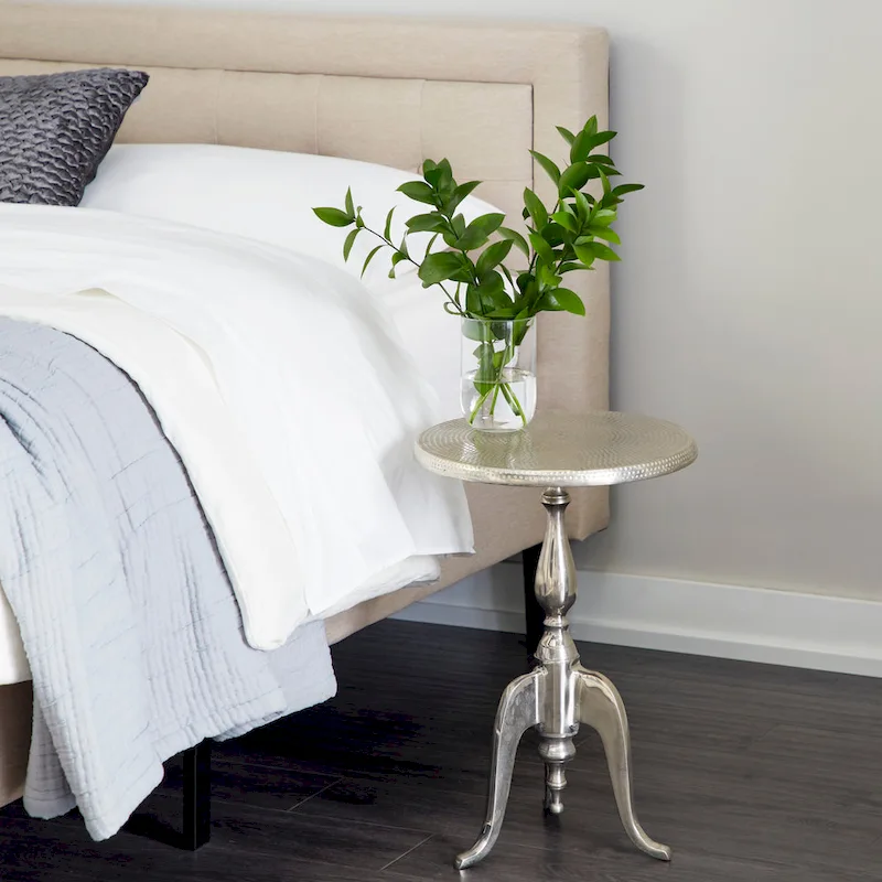 Aluminum Metal Small Turned Accent Table with Hammered Top and Scroll Legs - Silver - Roche River Decor - 15W x 15L x 22H