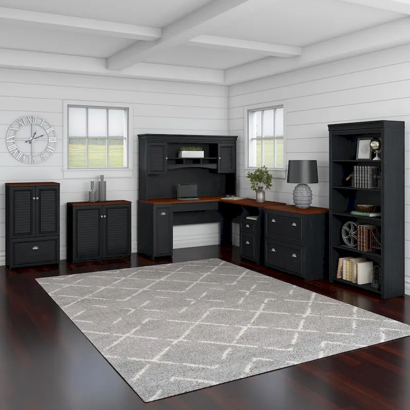 Fairview 60W L Shaped Desk with Hutch and Bookcase by