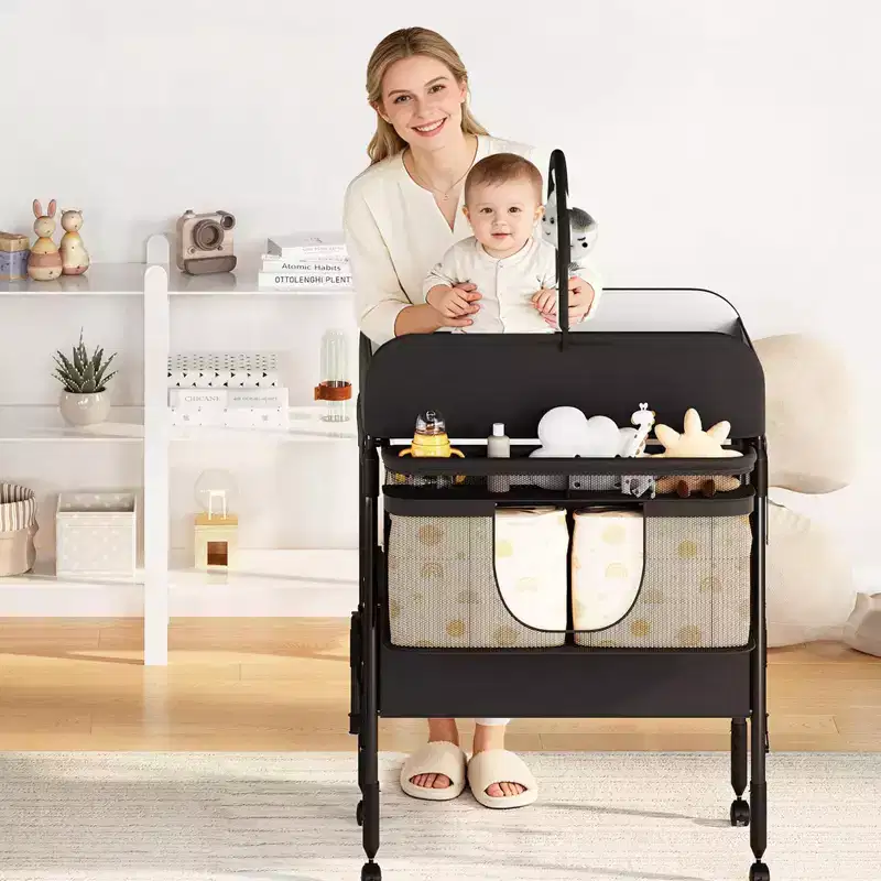 Adjustable Height Baby Changing Table with Wheels, Collapsible Diaper Station with 2 Drawers & Storage, Mobile Nursery Organizer with Waterproof Top