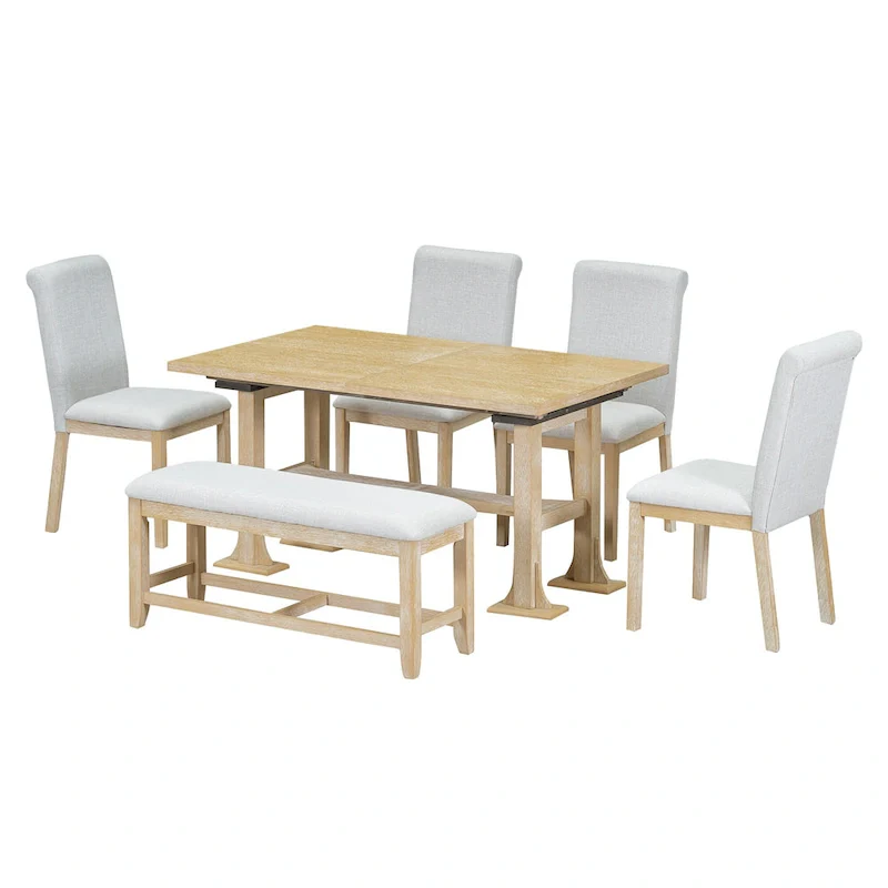 6-Piece Farmhouse Extendable Dining Set with Leaf & Bench