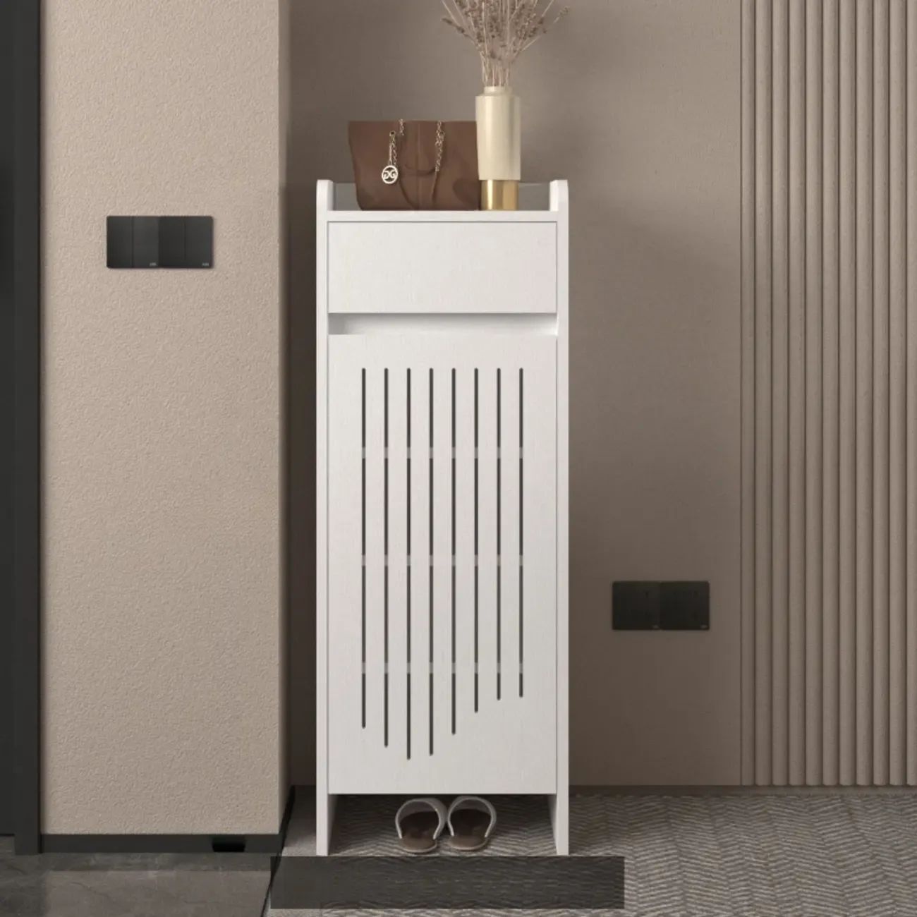 Modern Slim Wood Beige Entryway Shoe Cabinet