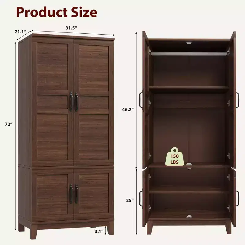 72 Wooden Wardrobe with Hanging Rails - Freestanding Tall Closet with 18 Adjustable Shelves, 4 Doors, Soft-Closing Hinges - Farmhouse Storage